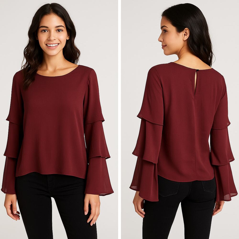 BCBGeneration Women XS Burgundy Chiffon Sheer Bell Sleeve Ruffle Top Indie/Boho